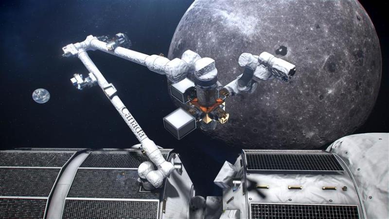 The hinged robotic Canadarm attached to a space station, with Moon and Earth in the background.