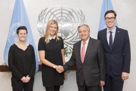 UN Secretary-General António Guterres (second from right) meets with members of the International Campaign to Abolish Nuclear Weapons (ICAN)