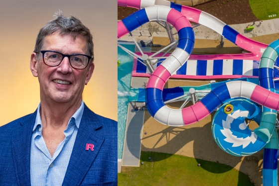A headshot of Geoff Chutter next to a photo of interconnected, twisty water slides.