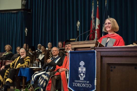 Janis Chodas, a U of T aerospace engineering alumna, was honoured with a Doctor of Science, honoris causa on Tuesday (photo by Lisa Sakulensky) 