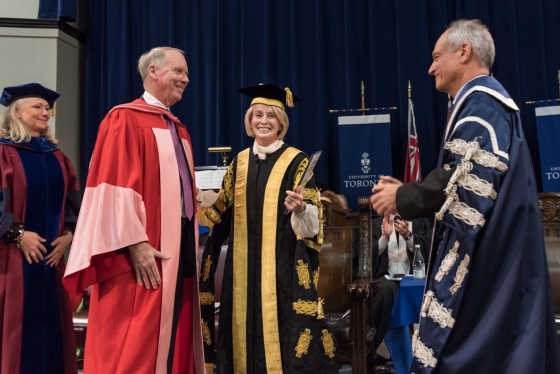 From left: William Downe, U of T Chancellor Rose Patten and President Meric Gertler at Tuesday's convocation ceremony (photo by Lisa Sakulensky) 
