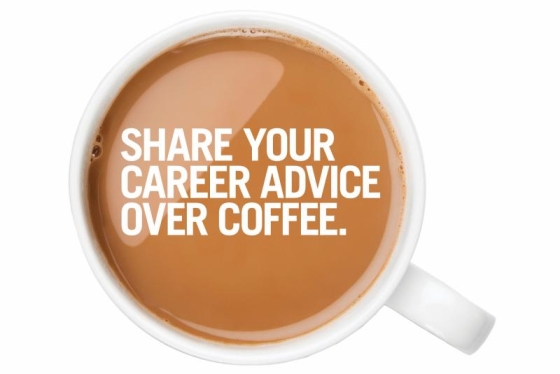 Phot of coffee that reads "Share your career advice over coffee".