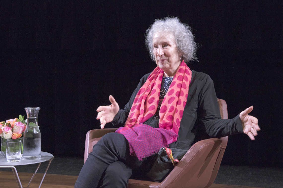 Margaret Atwood answers questions from the audience at Innis College (photo by Romi Levine)