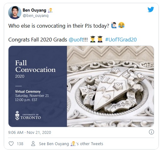 A screenshot of a tweet from Ben Ouyang asking: Who else is convocating in their PJs today?