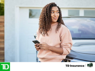 TD Insurance logo and woman leaning against car outside at home.