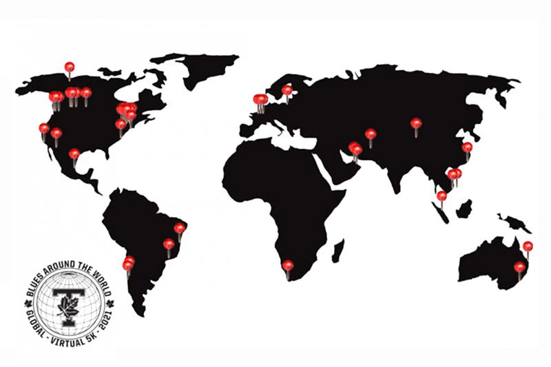 A map of the world with red pins stuck into it, and a logo that reads: Blues around the world, global virtual 5 K 2021.