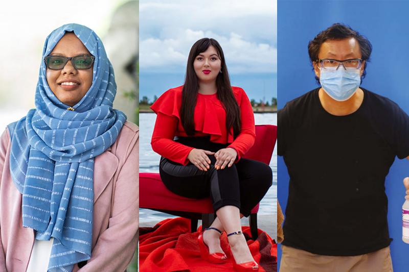 Three photos side by side show Miriam Abeid smiling, Lesley Hampton posing at a lake side and Stephen Lew wearing a mask.