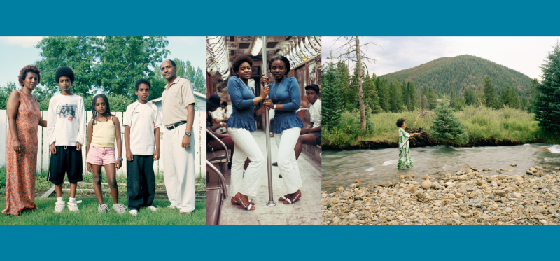 3 photos with Black subjects: a family in a garden, 2 women dressed alike in a subway car, a woman fishing in a fancy dress.