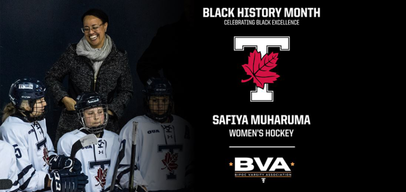 Composite image: Safiya Muharuma smiles at hockey players, a logo for Black History Month with Varsity Blues.