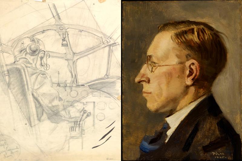 A compostite image shows a pencil sketch of a 1940s pilot in an airplane cockpit, and a painting of Frederick Banting.
