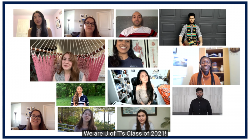 A collage of 13 images showing students speaking on video from rooms, parks, and offices.