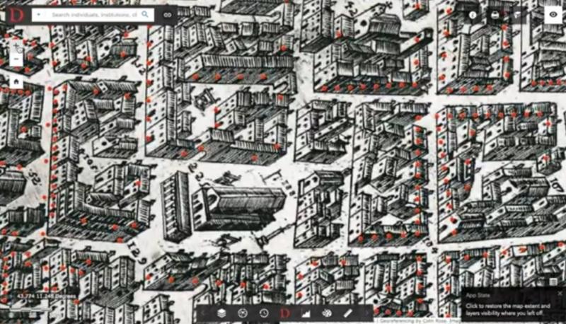 A screenshot of the DECIMA program shows a drawing of Florence made in 1584. It is like a map with tiny 3D buildings.