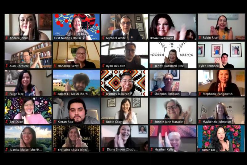 A grid of images shows 25 people participating in a video call, and applauding.