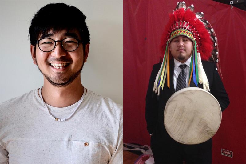 Side-by-side photos: Hyungu Kang smiling, and Terrance Lafromboise wearing ceremonial regalia and holding a drum.