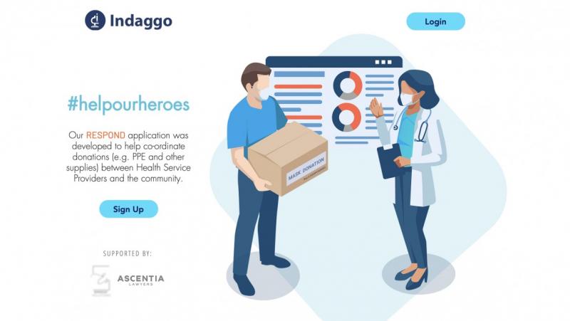 A screenshot of the Indaggo website shows an illustration of a man in a mask delivering a box to a masked doctor.