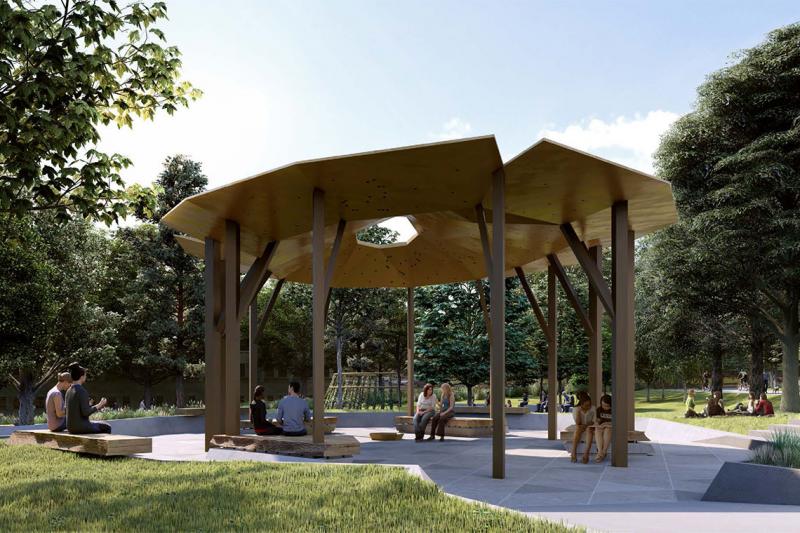 A drawing of the Indigenous pavilion shows a saucer-shaped wooden roof on 13 slim pillars, with a central hole for fire smoke