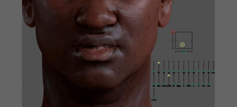Close-up on the lower face of an animated male figure, mid-speech. An array of sliders to one side move up and down.