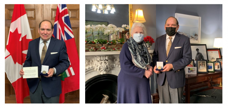 Side-by-side images: James Bird holds a ceremonial coin, James Bird with Elizabeth Dowdeswell wear masks and stand together.