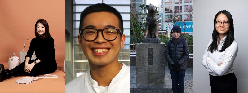 4 images showing Chloe Ho posing with handbags, Andrew Situ laughing, Paris Ning standing by a statue and Dorinda So smiling.