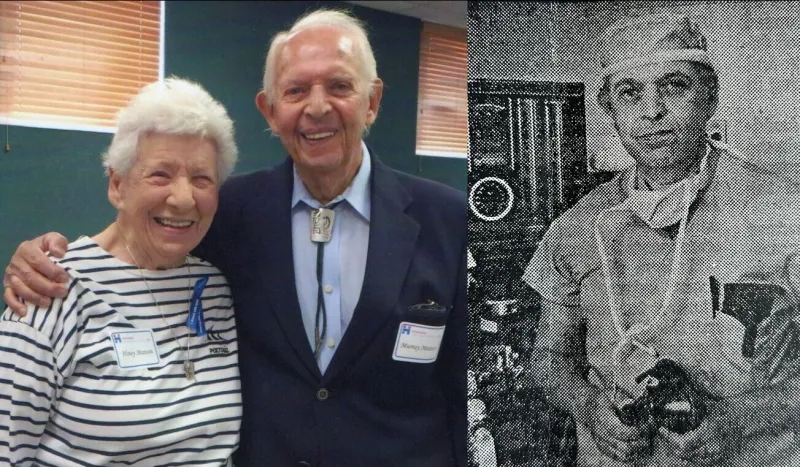 A current day photo of Murray with a woman and an archival photo of Murray in medical scrubs