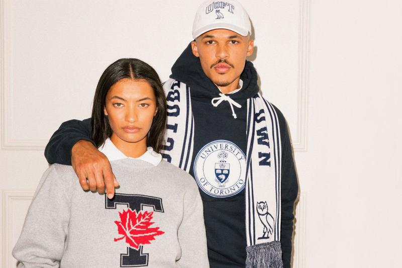 Models wear sweatshirts, hats and scarfs from the OVO collection, with U of T and owl logos.
