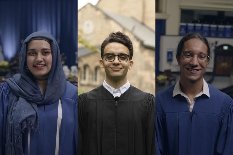 SIde-by-side images of Amna Adnan, Khaled Elemam, and Devlin Grewal, each dressed in academic robes and smiling.