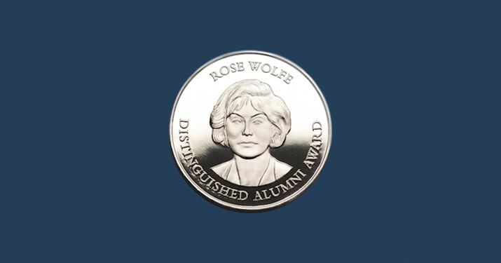 Coin of Rose Wolfe against blue background