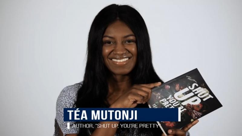 Tea Mutonji smiles as she holds up a copy of her book Shut Up, You're Pretty