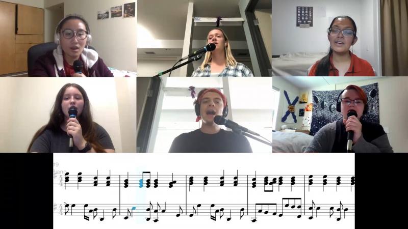 Six images of people wearing headphones and singing into microphones, over an image of sheet music.