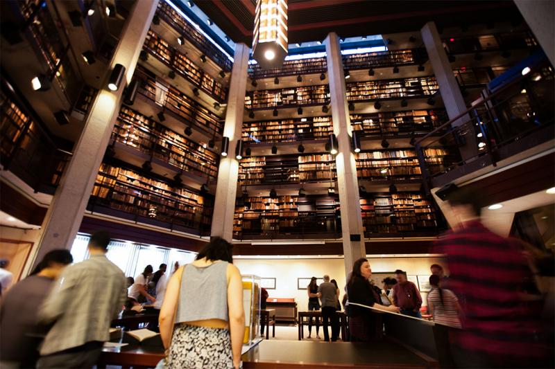 People chat in the atrium of the Thomas Fisher Library as four storeys of bookshelves tower above them.