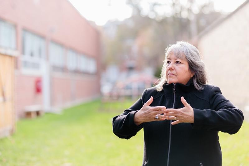 Kahontakwas Diane Longboat tours the Ceremony Grounds at the Centre for Addiction and Mental Health