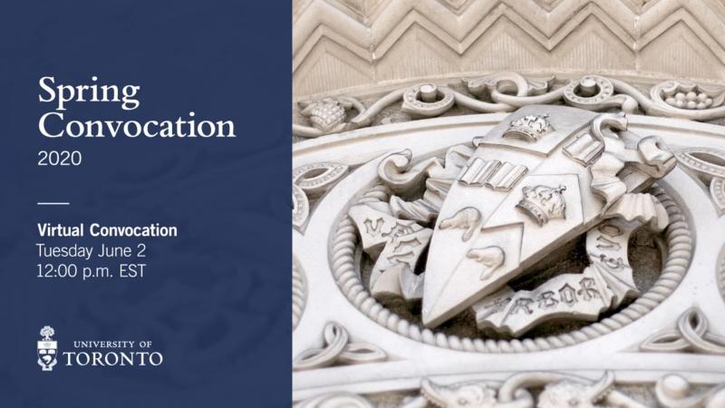 A screenshot from U of T's Spring 2020 Virtual Convocation shows a stone carving of the University crest.
