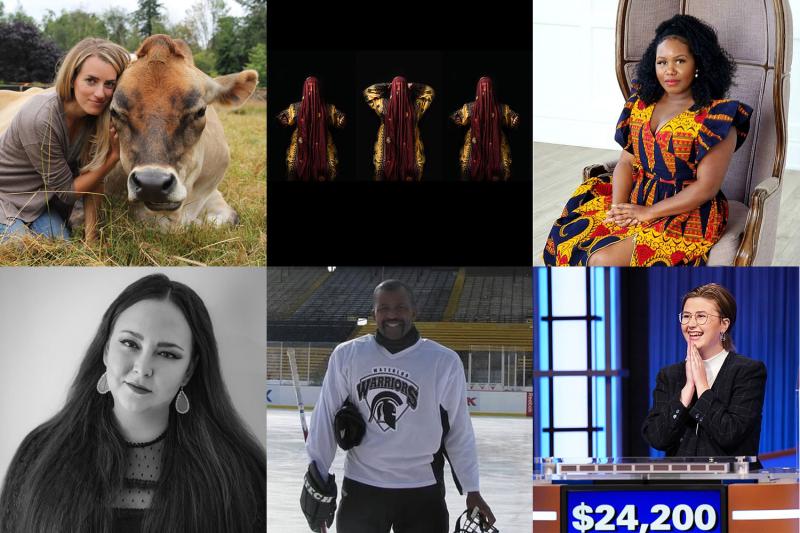 A white woman hugs a cow, a Balochistan dance, a Black entrepreneur, an Indigenous poet, a Black hockey player, Jeopardy!