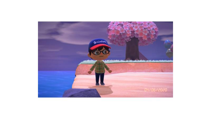 A cartoon boy in a baseball hat and glasses stands on a cartoon seashore by a fantastical tree.