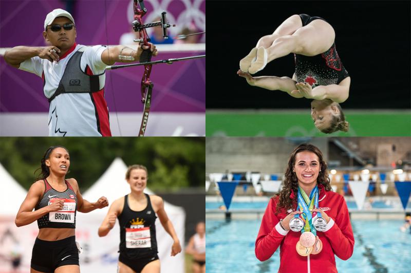 4 images: Crispin Duenas with bow, Rosie MacLennan somersaulting, Kylie Masse wearing 5 medals, Alicia Brown running.