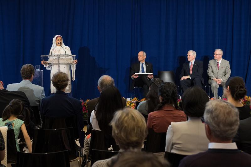 Aisha Ahmad, an assistant professor of political science at U of T Scarborough, accepts the Northrop Frye Award for faculty (photo by Gustavo Toledo Photography)
