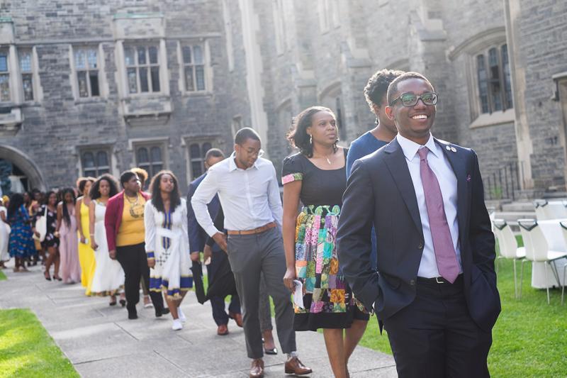 Oluwatobi Edun, a chemical engineering student and former president of the Nigerian Students' Association, walks into Hart House with the Black Graduation class of 2018