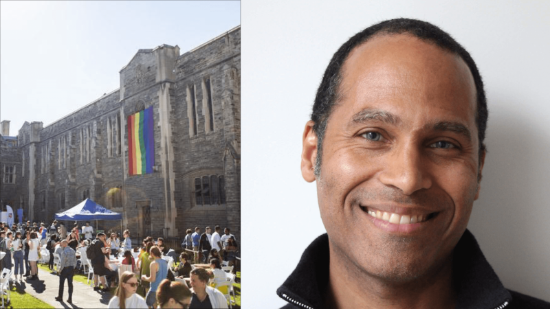 Composite image: Terry Gardiner smiling, and Hart House quad with people picnicking on the lawn under a rainbow flag.