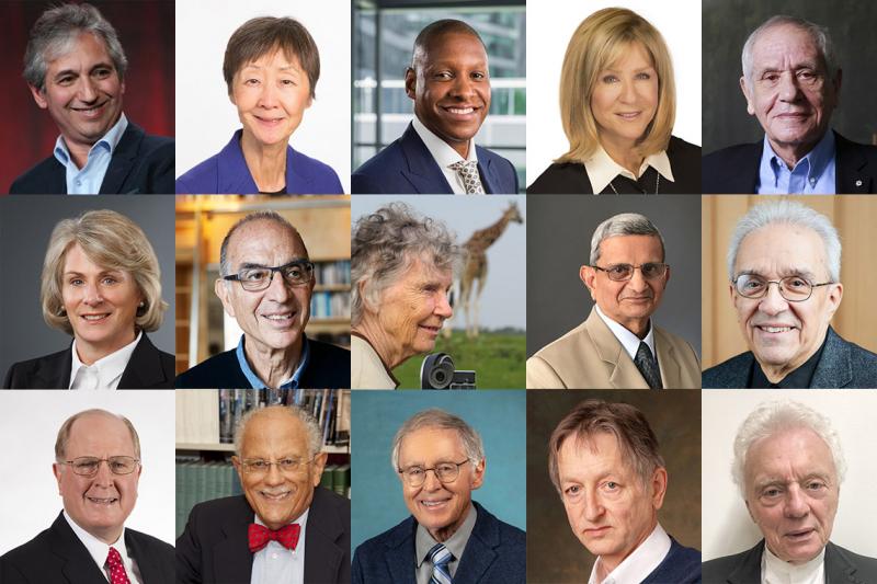 A grid of 15 portraits of U of T's 2020 honorary degree recipients.