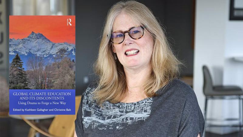 A portrait of Kathleen with her book cover overlaid on top