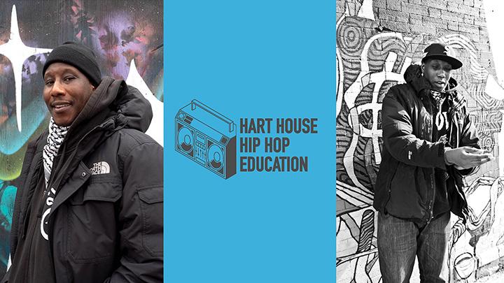 Two photos of hip hop artist Marcus Singleton standing by street art. In the middle, text reads, Hart House Hip Hop Education