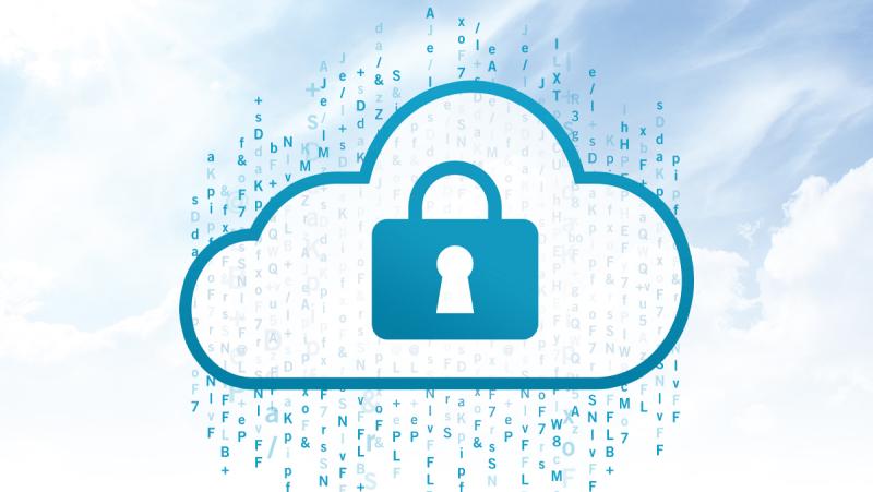 An illustration of a padlocked cloud raining random letters symbolizes the work of cryptography startup SHIELD Crypto Systems