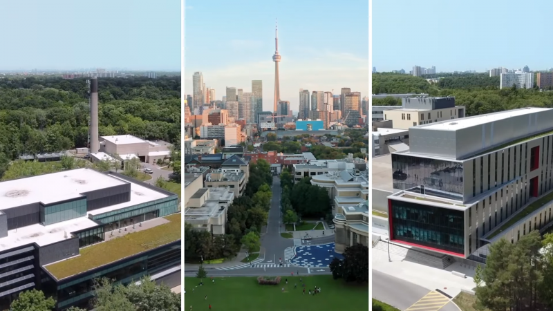 Side-by-side images of U of T's three campuses, seen from the air: Scarborough, St. George and Mississauga.