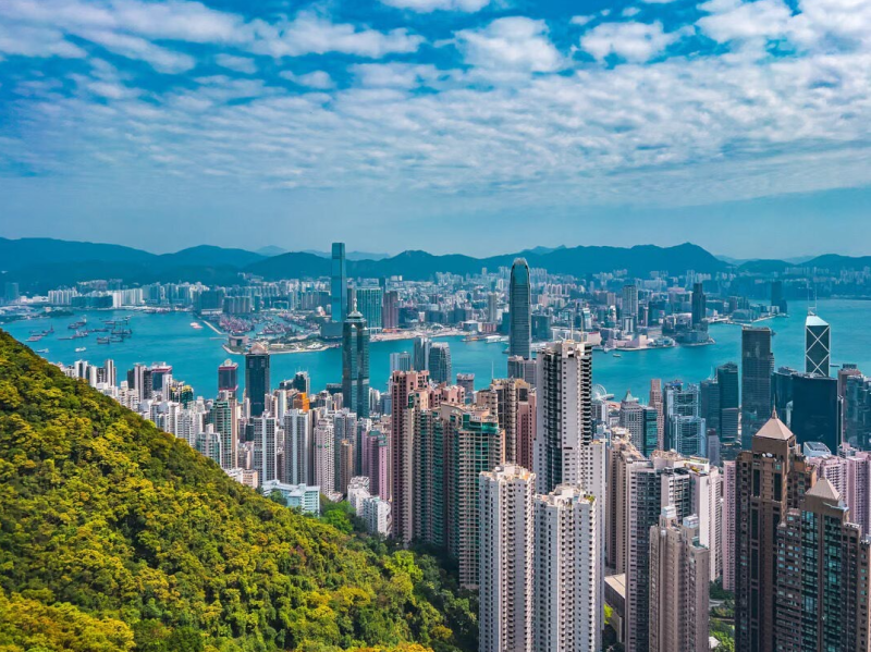 View of skyscrapers and water in Hong Kong.