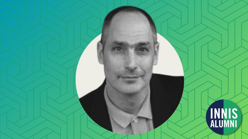 Black and white headshot of Professor Jeffrey Ian Ross displayed on a textured blue and green gradient background.