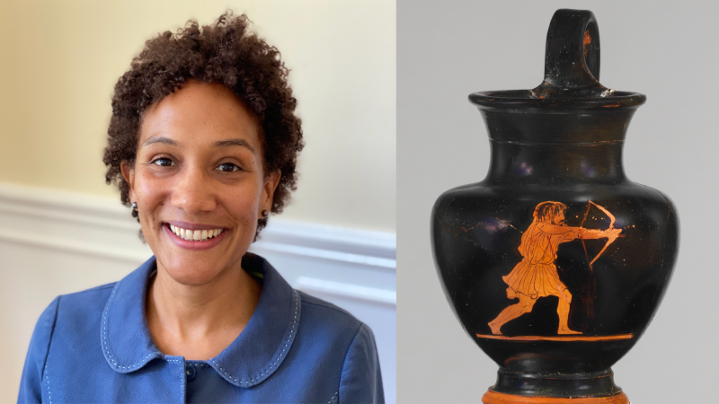 Headshot of Dr. Emily Greenwood and a photograph of a black ceramic jug with an orange-hued illustration of a Greek figure drawing a bow and arrow.