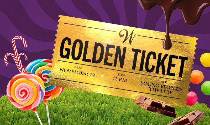 Golden ticket surrounded by colorful candies and lollipops