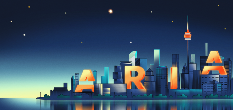 Toronto landscape with CN Tower, with the words ARIA spelt on the image.