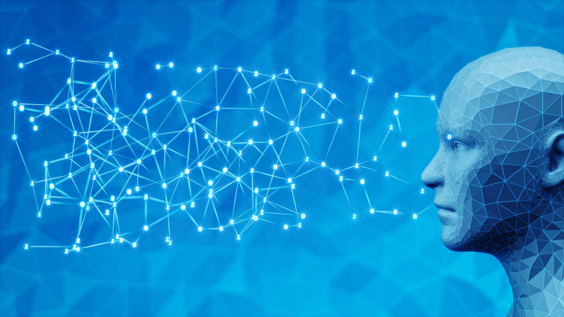 A digital wireframe representation of a human head in profile interacts with a network of glowing nodes and lines, symbolizing artificial intelligence and data processing against a futuristic blue-toned background.