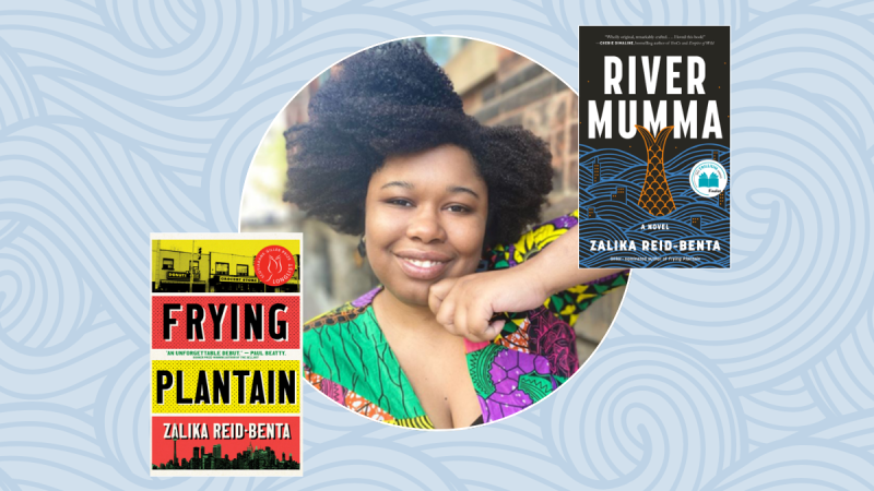 Canadian author Zalika Reid-Benta leaning against brick wall smiling at the camera. Pictured with her is book covers for River Mumma and Frying Plantain on a light blue background with swirled a texture.